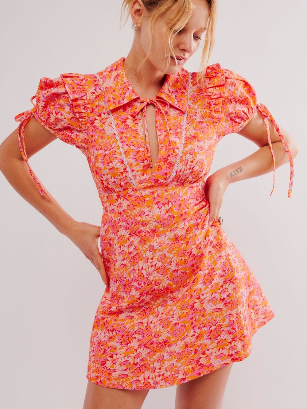 Free People Dottie Pink and Orange Floral Mini Dress